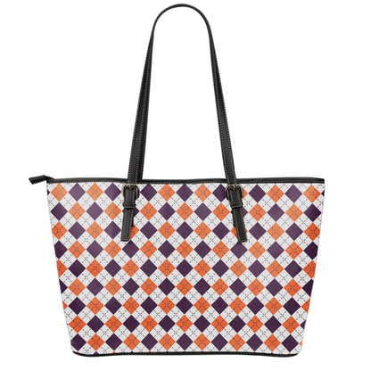 Halloween Checked Pattern Print Leather Tote Bag