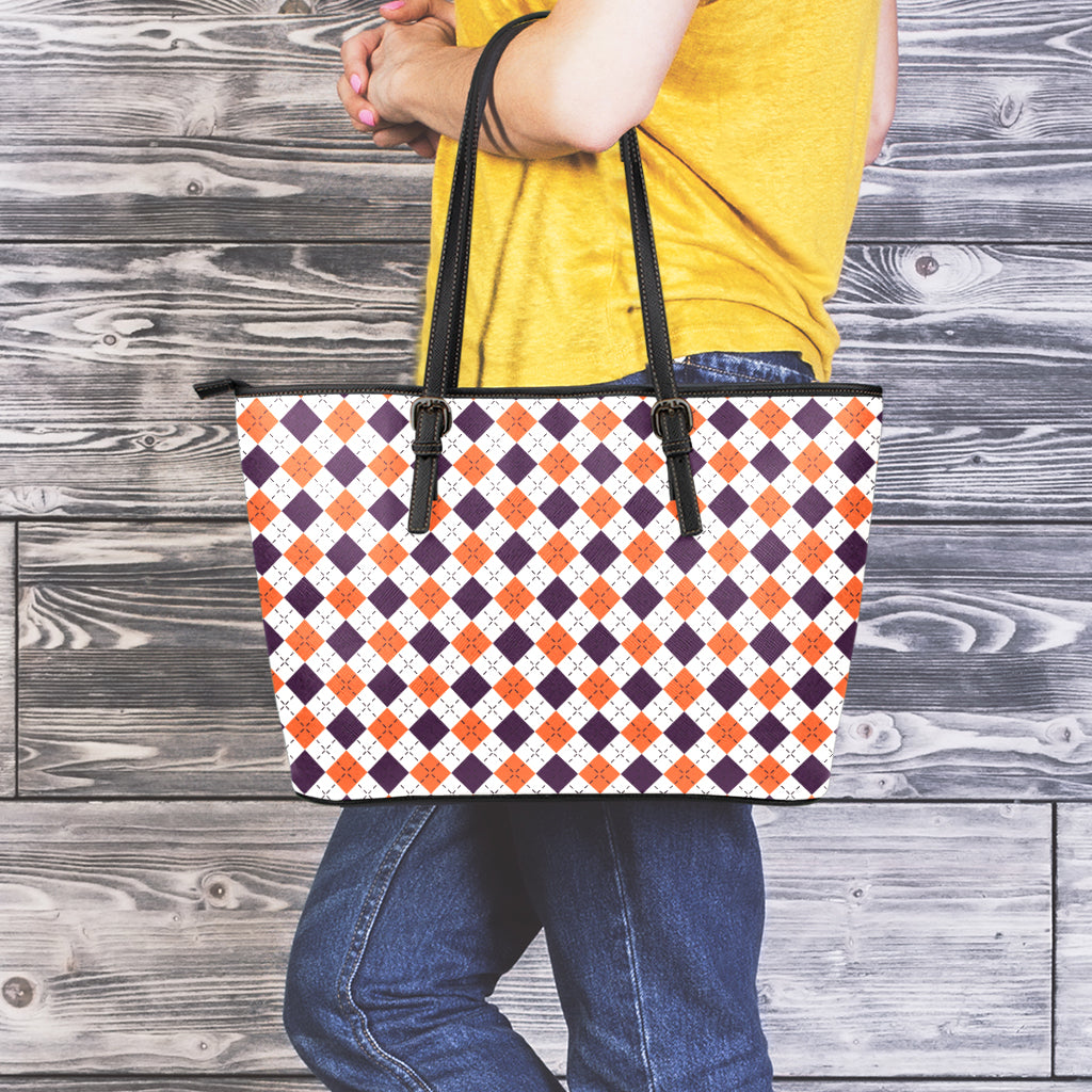 Halloween Checked Pattern Print Leather Tote Bag