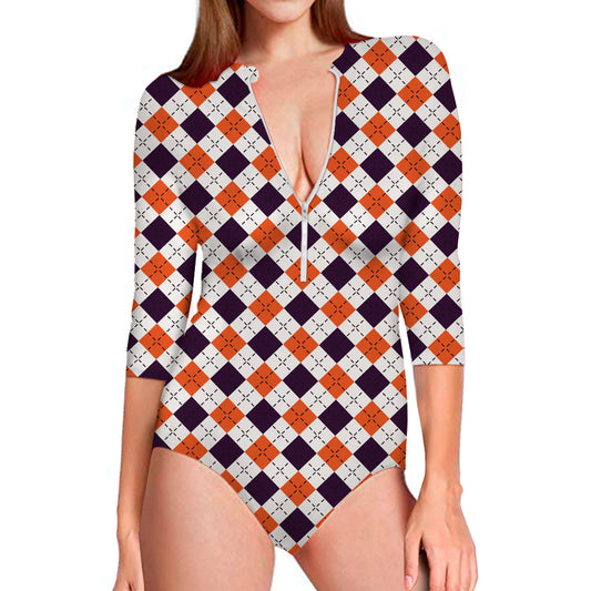 Halloween Checked Pattern Print Long Sleeve Swimsuit