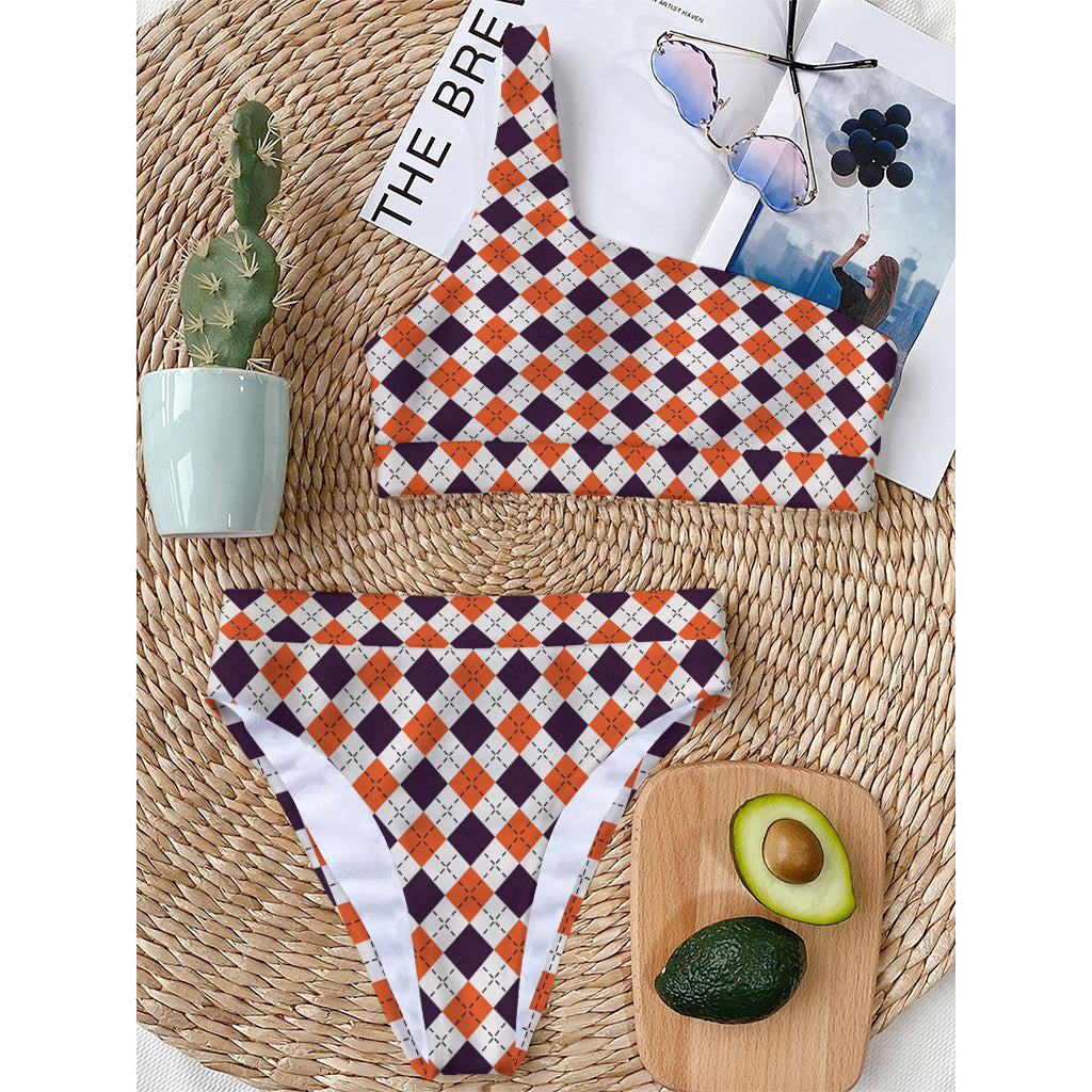 Halloween Checked Pattern Print One Shoulder Bikini Top