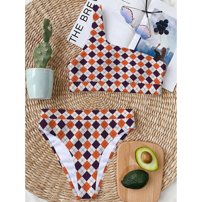Halloween Checked Pattern Print One Shoulder Bikini Top