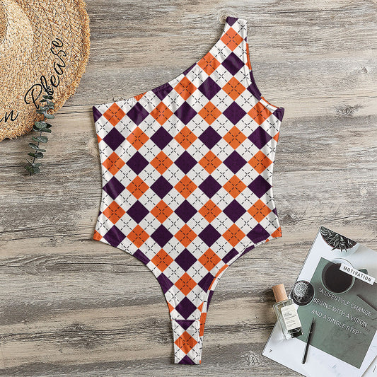 Halloween Checked Pattern Print One Shoulder Bodysuit