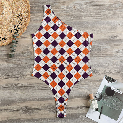 Halloween Checked Pattern Print One Shoulder Bodysuit