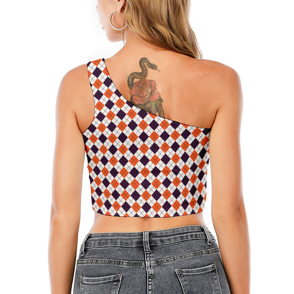 Halloween Checked Pattern Print One Shoulder Crop Top