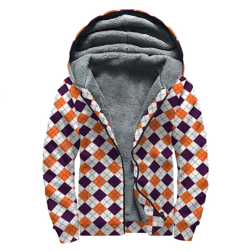 Halloween Checked Pattern Print Sherpa Lined Zip Up Hoodie