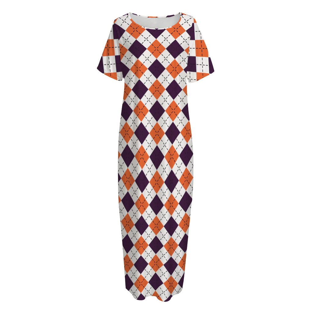Halloween Checked Pattern Print Short Sleeve Long Nightdress