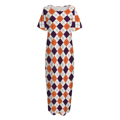 Halloween Checked Pattern Print Short Sleeve Long Nightdress
