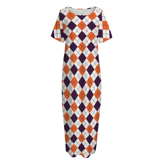 Halloween Checked Pattern Print Short Sleeve Long Nightdress