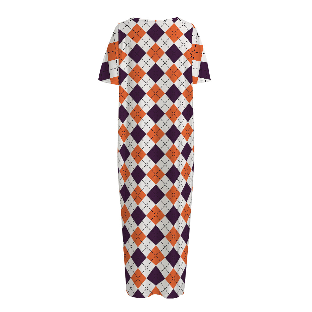 Halloween Checked Pattern Print Short Sleeve Long Nightdress