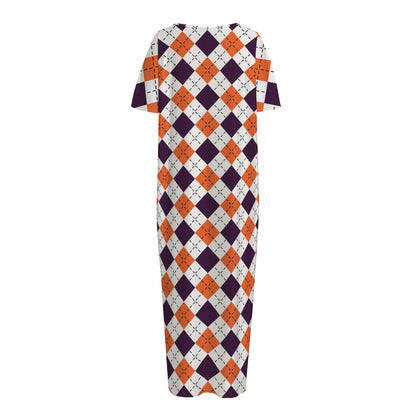 Halloween Checked Pattern Print Short Sleeve Long Nightdress