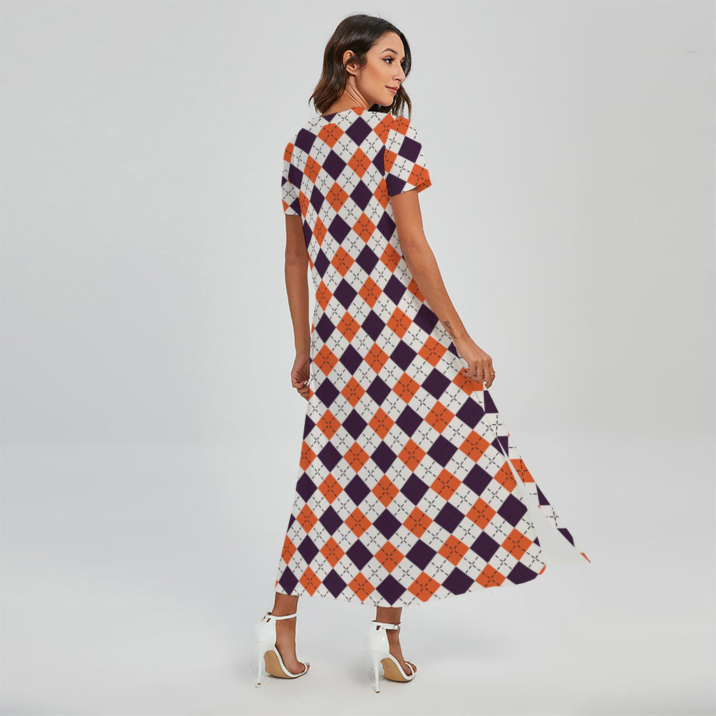 Halloween Checked Pattern Print Short Sleeve Maxi Dress