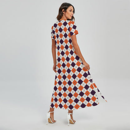 Halloween Checked Pattern Print Short Sleeve Maxi Dress