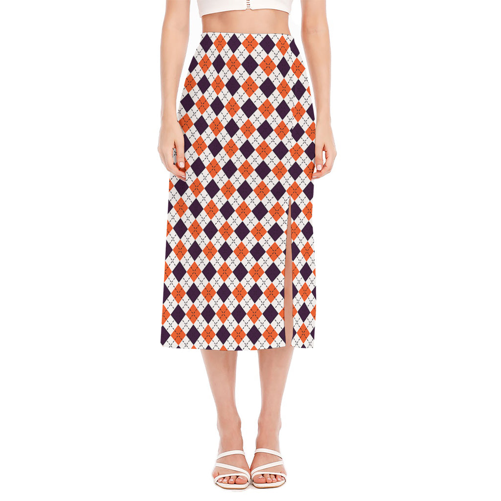 Halloween Checked Pattern Print Side Slit Midi Skirt