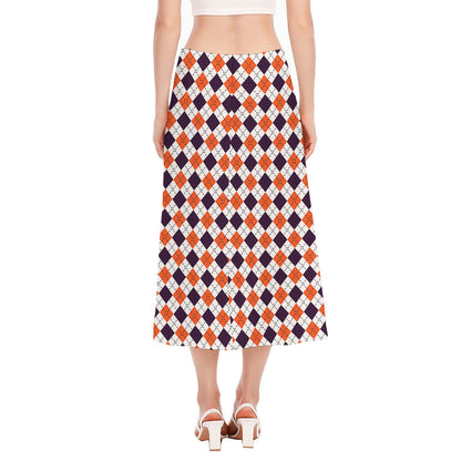 Halloween Checked Pattern Print Side Slit Midi Skirt
