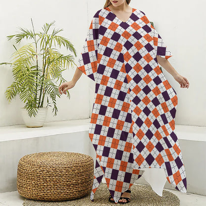 Halloween Checked Pattern Print Silk V-Neck Kaftan Dress