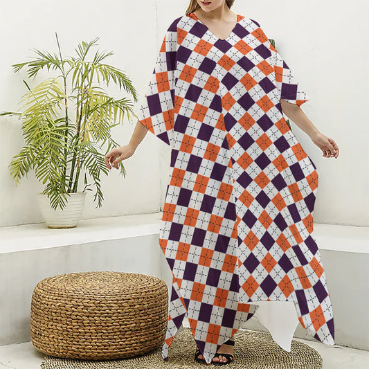 Halloween Checked Pattern Print Silk V-Neck Kaftan Dress