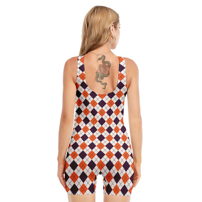 Halloween Checked Pattern Print Sleeveless One Piece Swimsuit