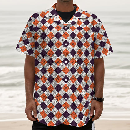 Halloween Checked Pattern Print Textured Short Sleeve Shirt