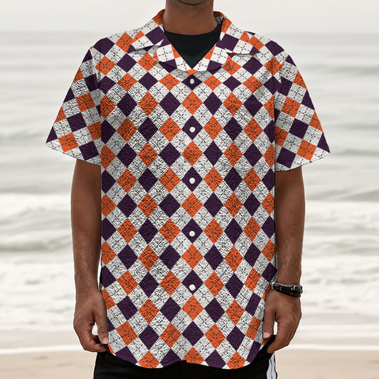 Halloween Checked Pattern Print Textured Short Sleeve Shirt