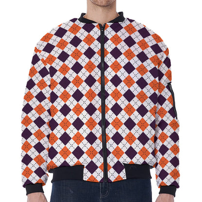 Halloween Checked Pattern Print Zip Sleeve Bomber Jacket