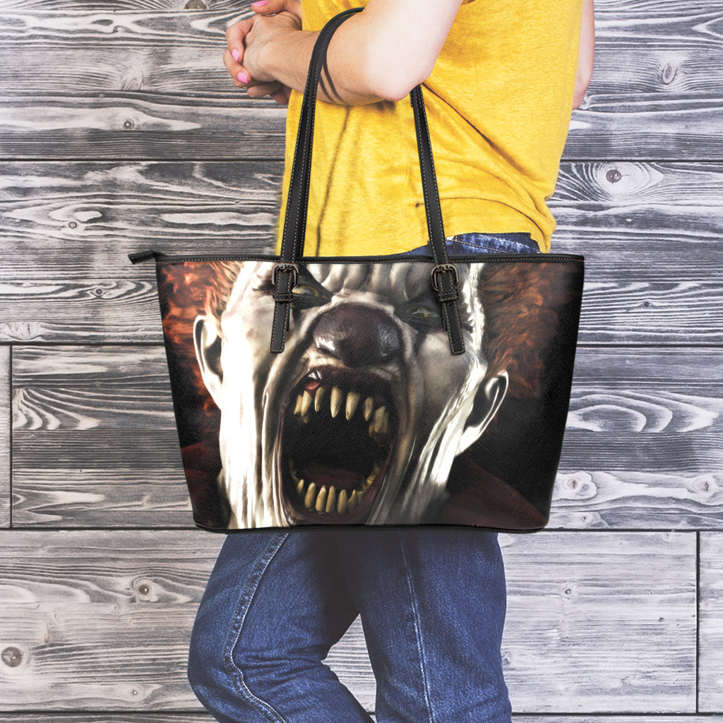 Halloween Clown Print Leather Tote Bag