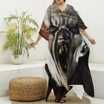 Halloween Clown Print Silk V-Neck Kaftan Dress