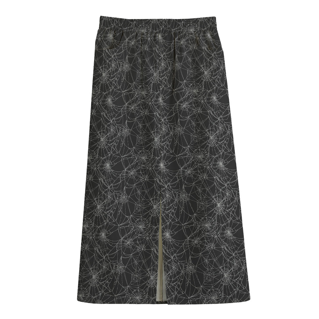 Halloween Cobweb Pattern Print Cotton Front Slit Maxi Skirt