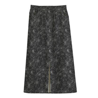Halloween Cobweb Pattern Print Cotton Front Slit Maxi Skirt