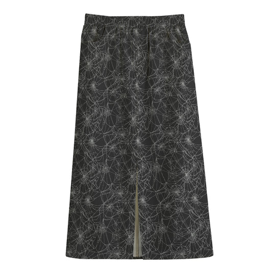 Halloween Cobweb Pattern Print Cotton Front Slit Maxi Skirt