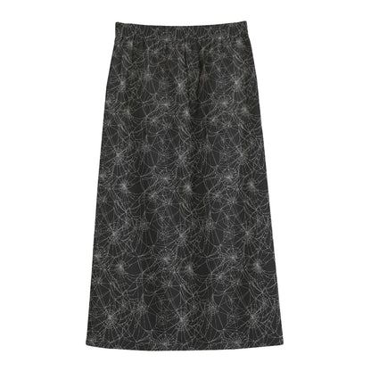 Halloween Cobweb Pattern Print Cotton Front Slit Maxi Skirt