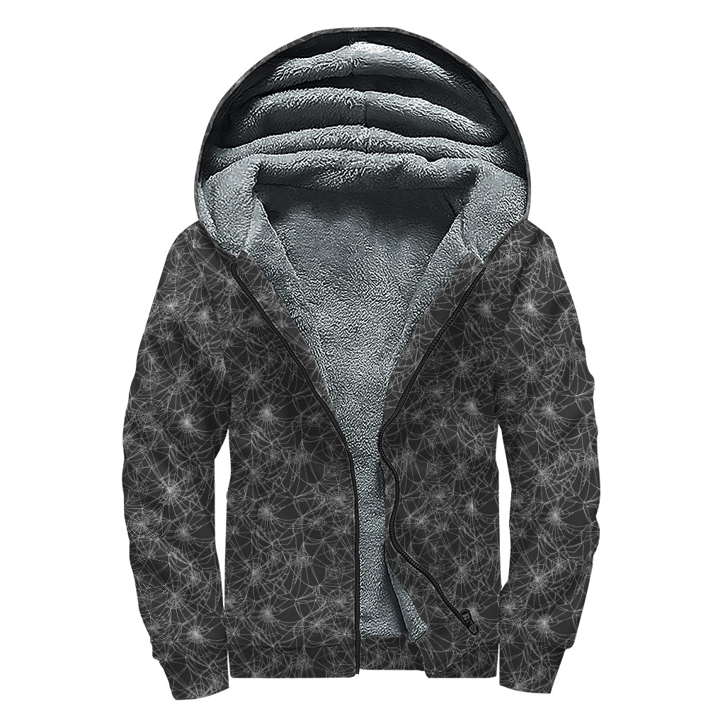 Halloween Cobweb Pattern Print Sherpa Lined Zip Up Hoodie