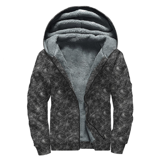 Halloween Cobweb Pattern Print Sherpa Lined Zip Up Hoodie