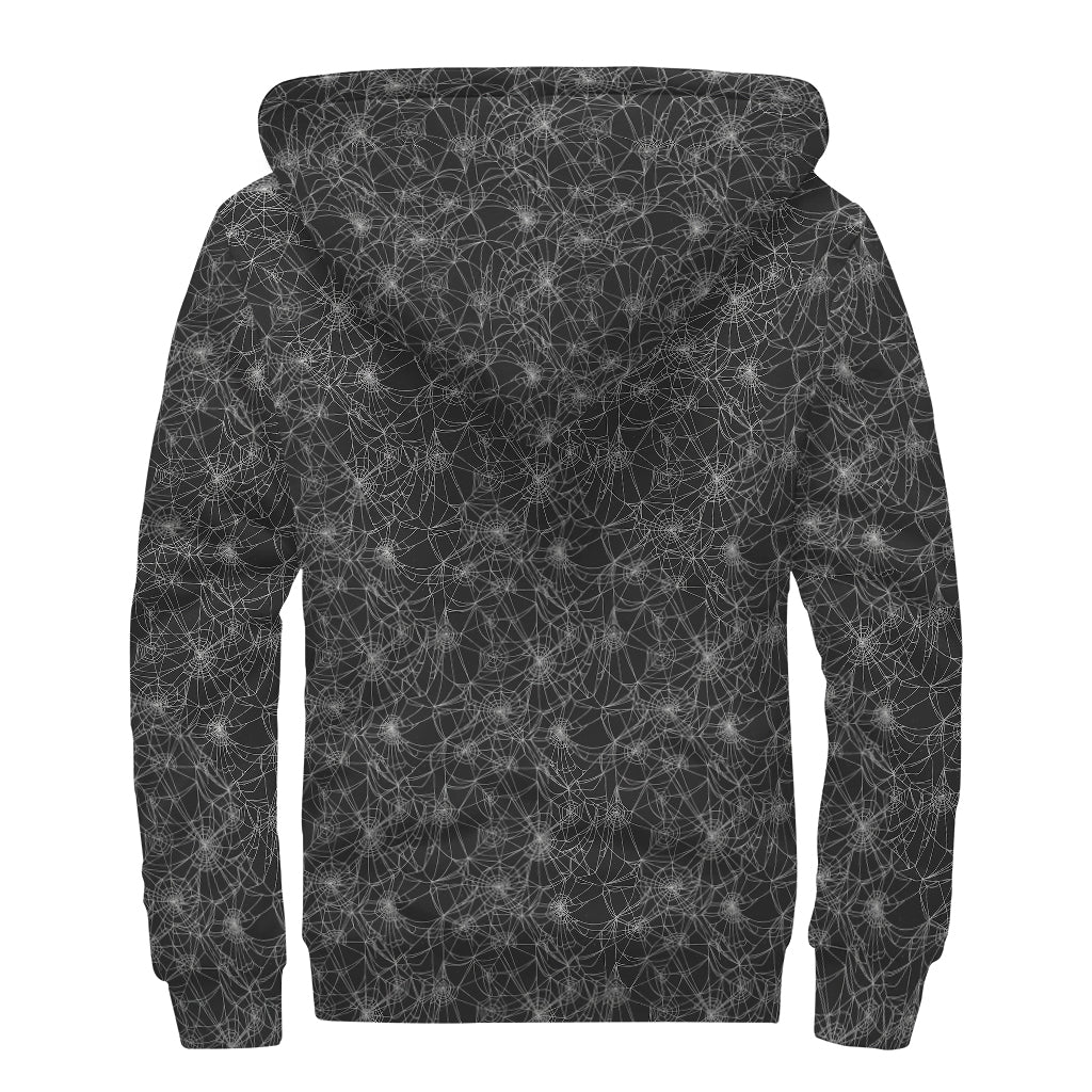 Halloween Cobweb Pattern Print Sherpa Lined Zip Up Hoodie