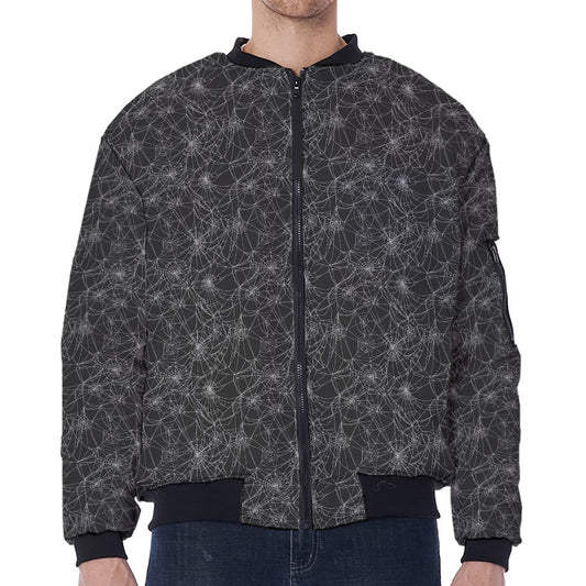 Halloween Cobweb Pattern Print Zip Sleeve Bomber Jacket