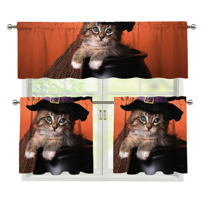 Halloween Cute Witch Cat Print 3 Piece Kitchen Curtains