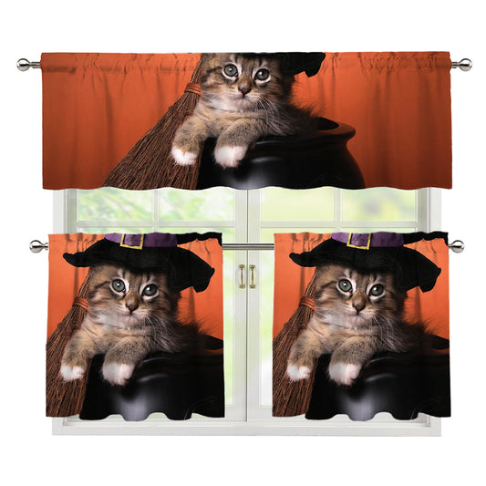 Halloween Cute Witch Cat Print 3 Piece Kitchen Curtains