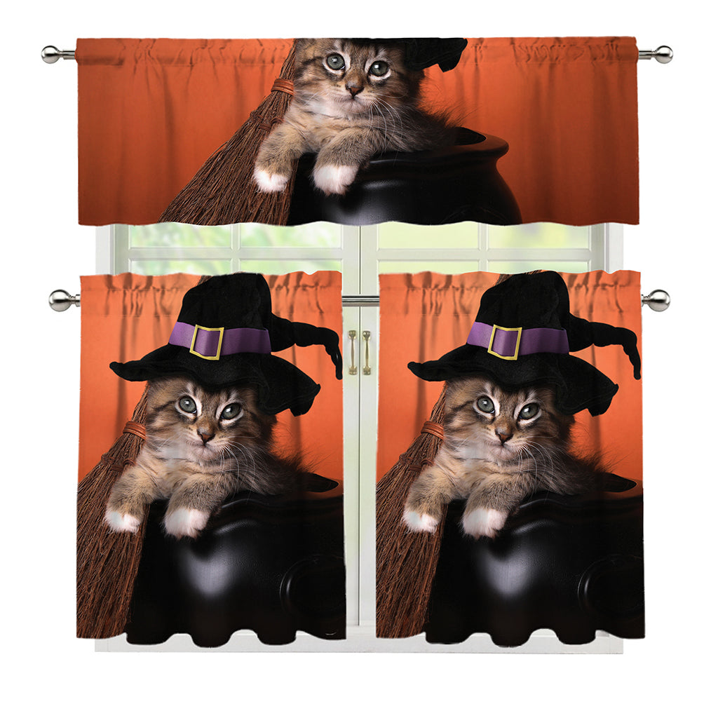 Halloween Cute Witch Cat Print 3 Piece Kitchen Curtains