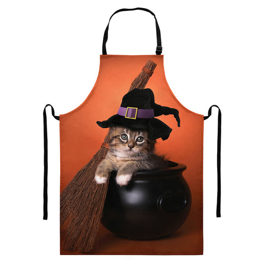 Halloween Cute Witch Cat Print Bib Apron With Pocket
