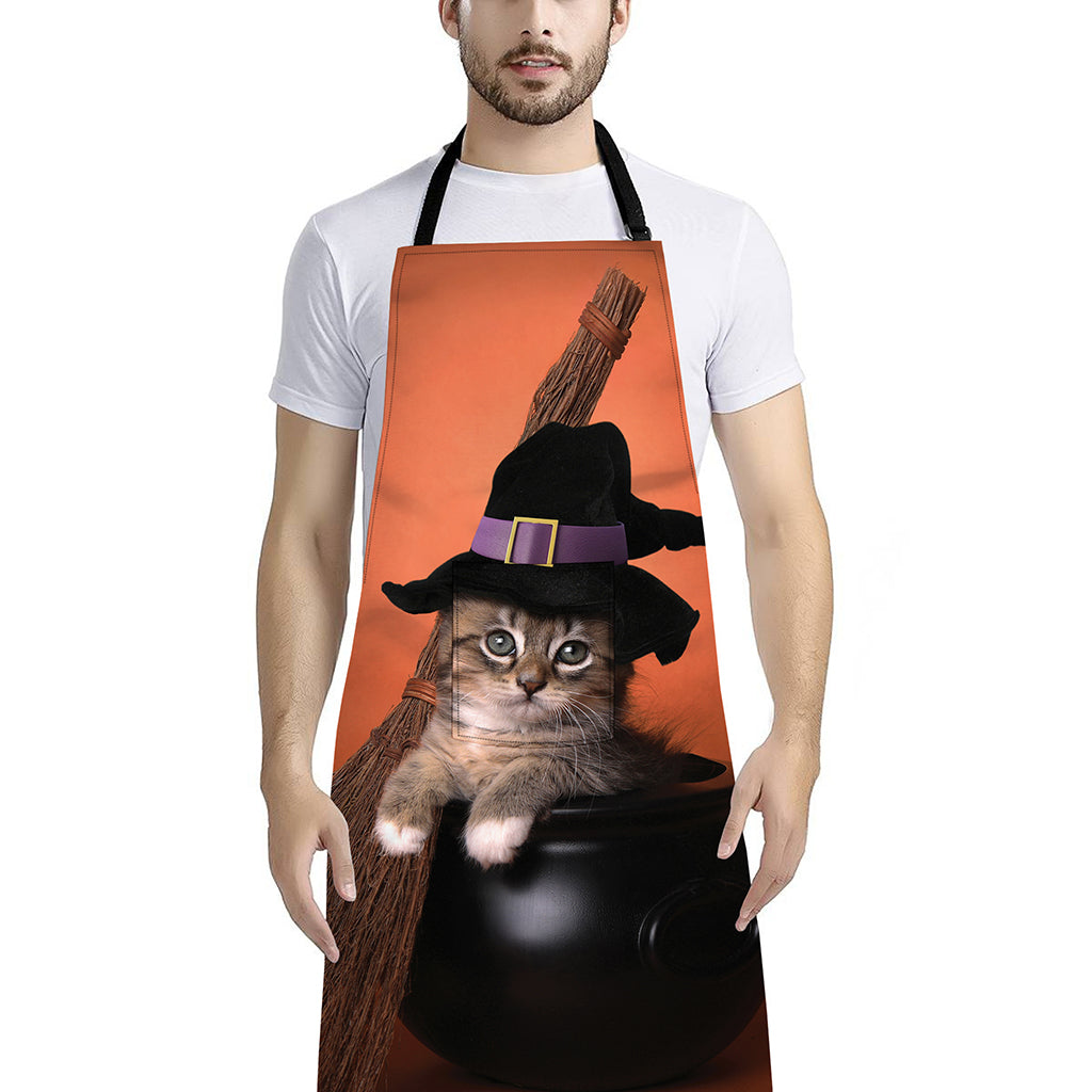 Halloween Cute Witch Cat Print Bib Apron With Pocket