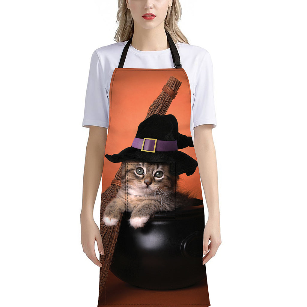 Halloween Cute Witch Cat Print Bib Apron With Pocket