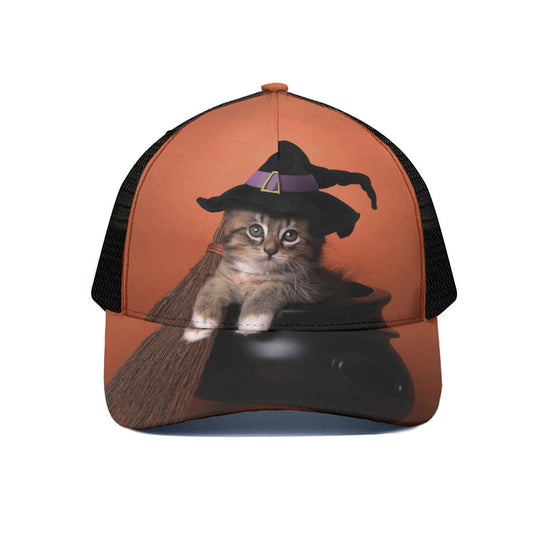 Halloween Cute Witch Cat Print Black Mesh Trucker Cap