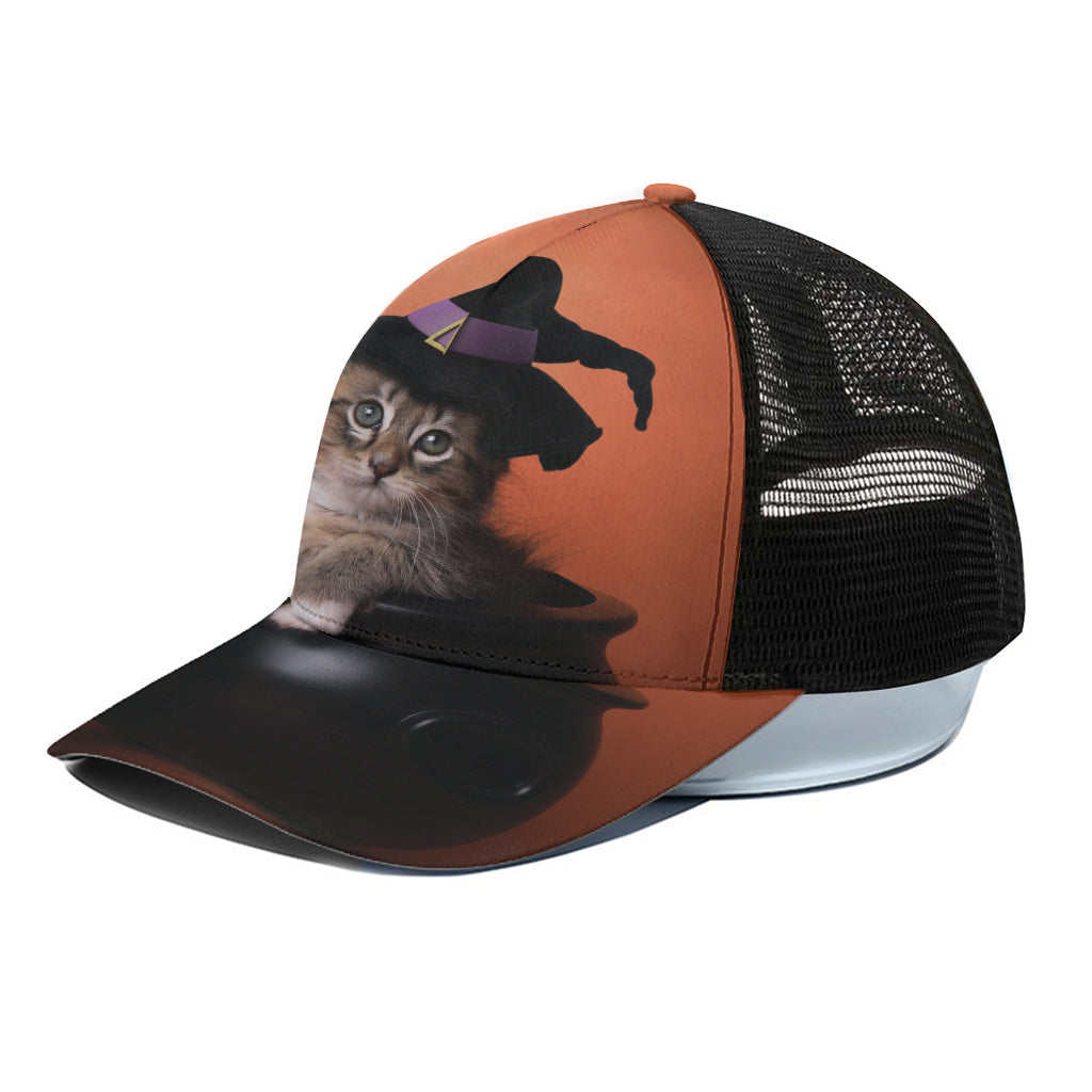 Halloween Cute Witch Cat Print Black Mesh Trucker Cap