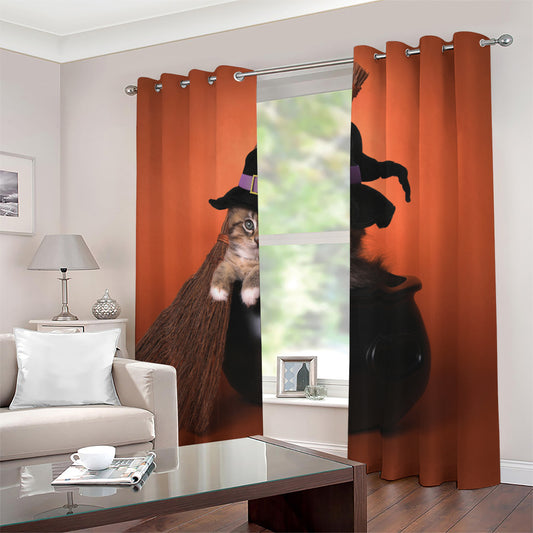 Halloween Cute Witch Cat Print Blackout Grommet Curtains
