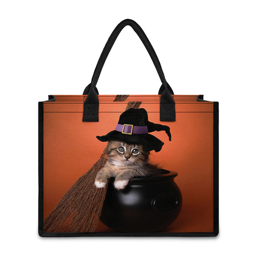 Halloween Cute Witch Cat Print Canvas Tote Bag