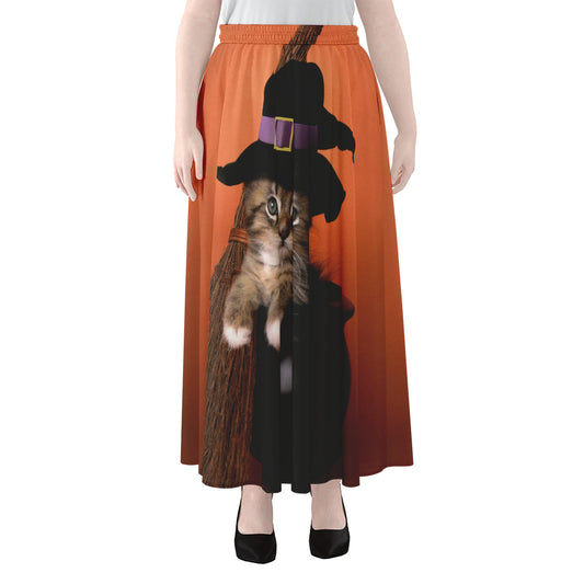 Halloween Cute Witch Cat Print Chiffon Maxi Skirt