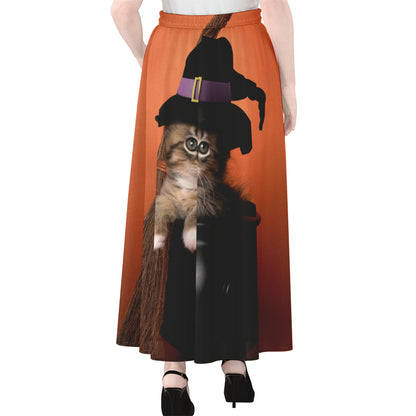 Halloween Cute Witch Cat Print Chiffon Maxi Skirt