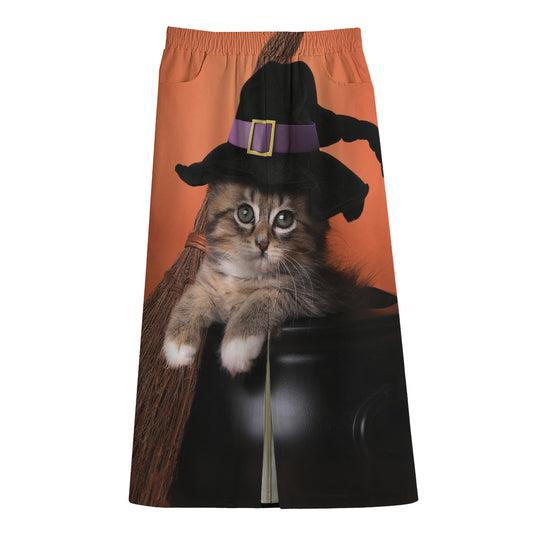 Halloween Cute Witch Cat Print Cotton Front Slit Maxi Skirt