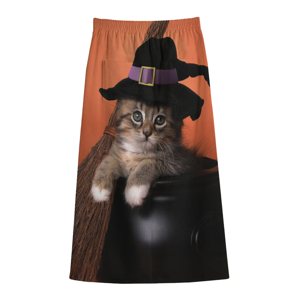 Halloween Cute Witch Cat Print Cotton Front Slit Maxi Skirt