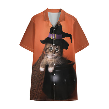 Halloween Cute Witch Cat Print Cotton Hawaiian Shirt