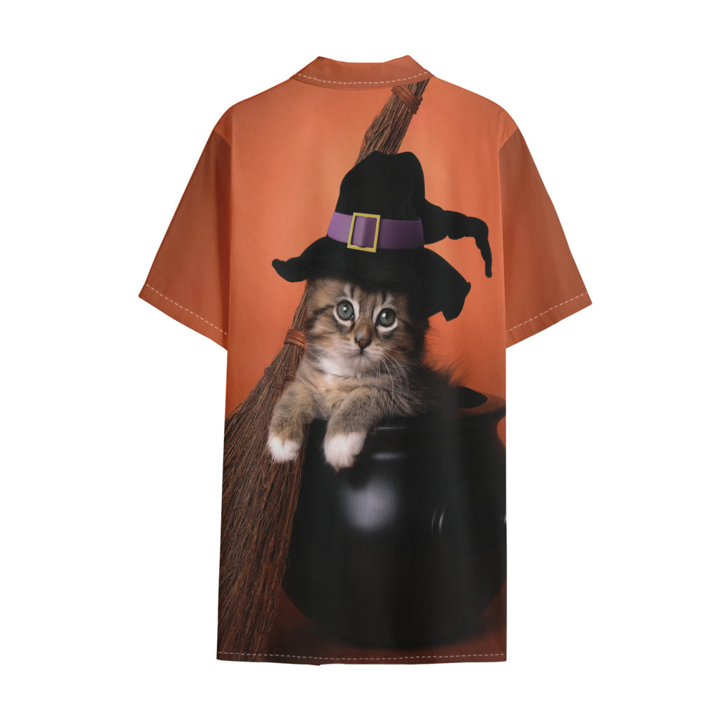 Halloween Cute Witch Cat Print Cotton Hawaiian Shirt
